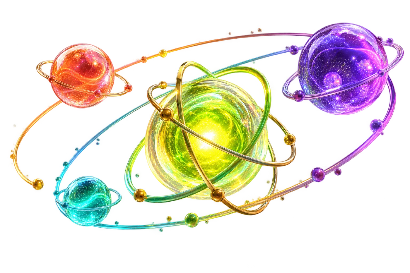 Four translucent worlds orbiting a shared bright core