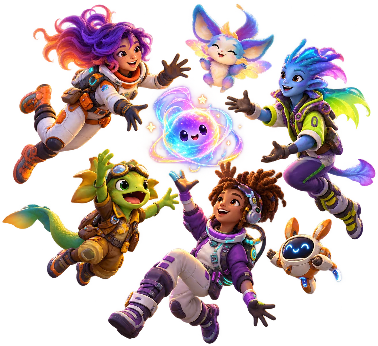 A diverse fictional space community celebrating around a glowing Palfu spark