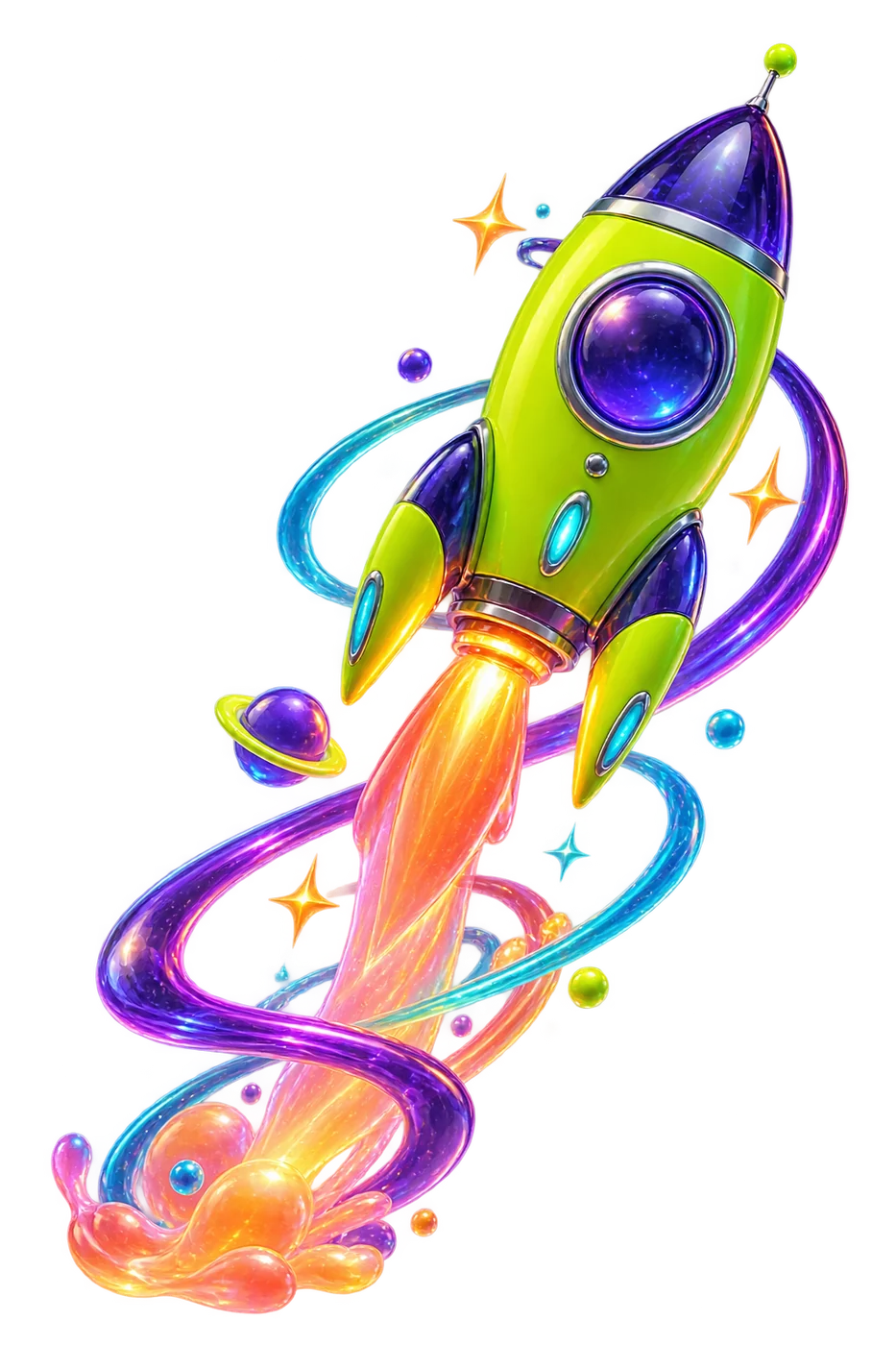 A colorful Palfu rocket launching upward