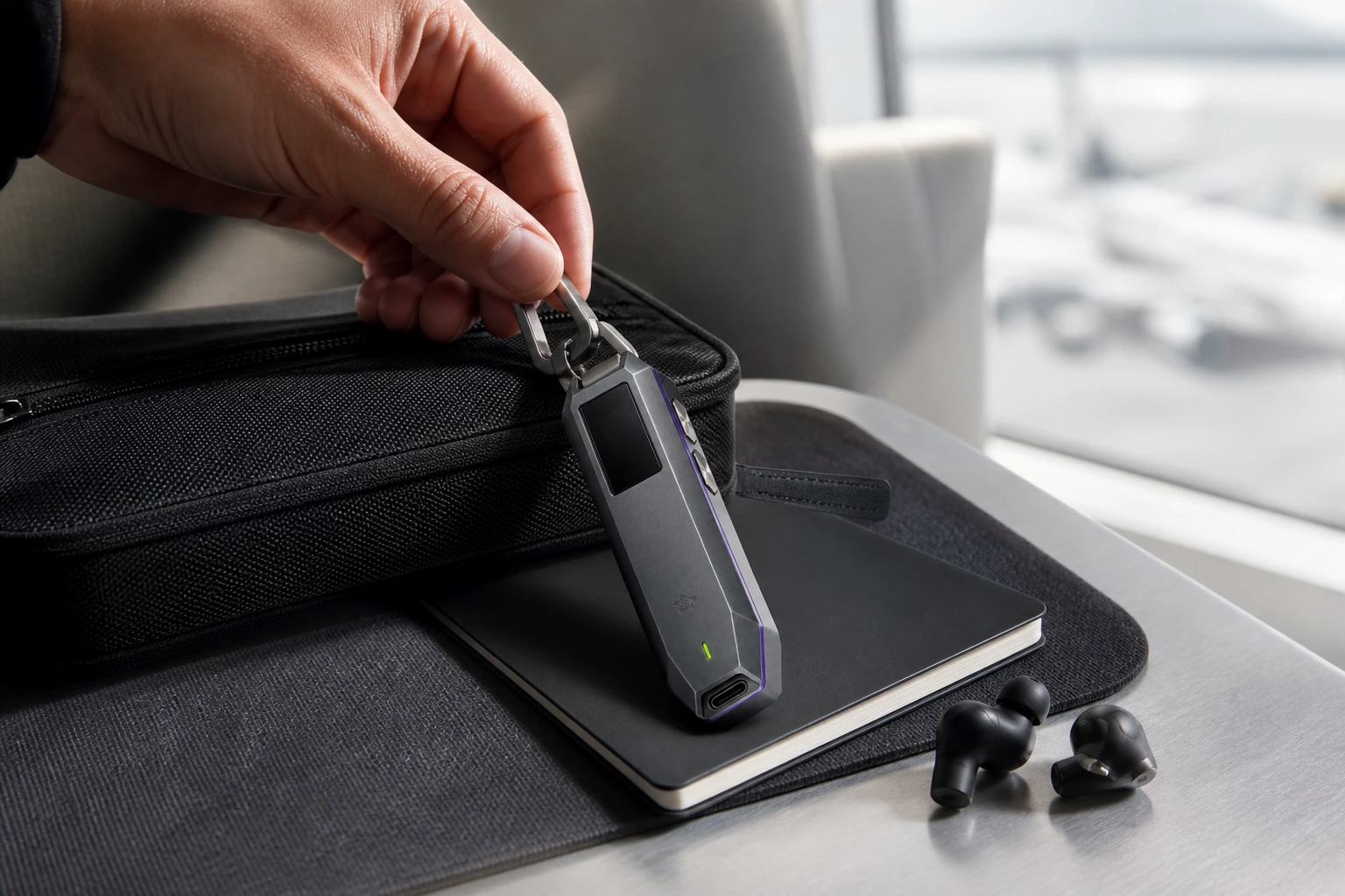Orbit Key shown in a real-world travel and backup setting
