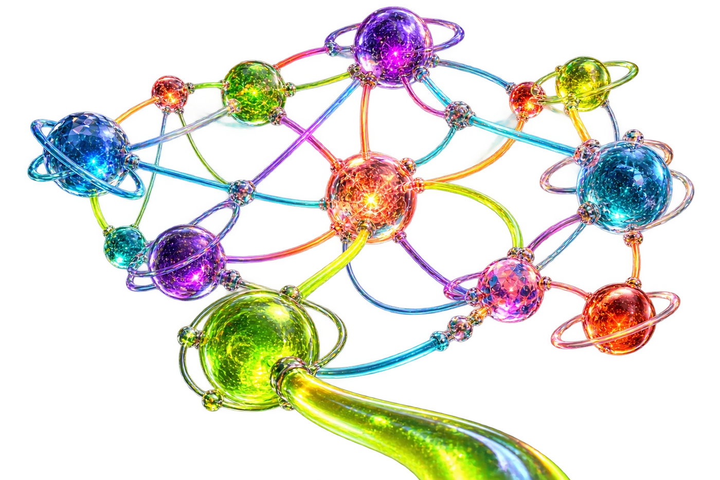 A decentralized mesh of colorful glass nodes