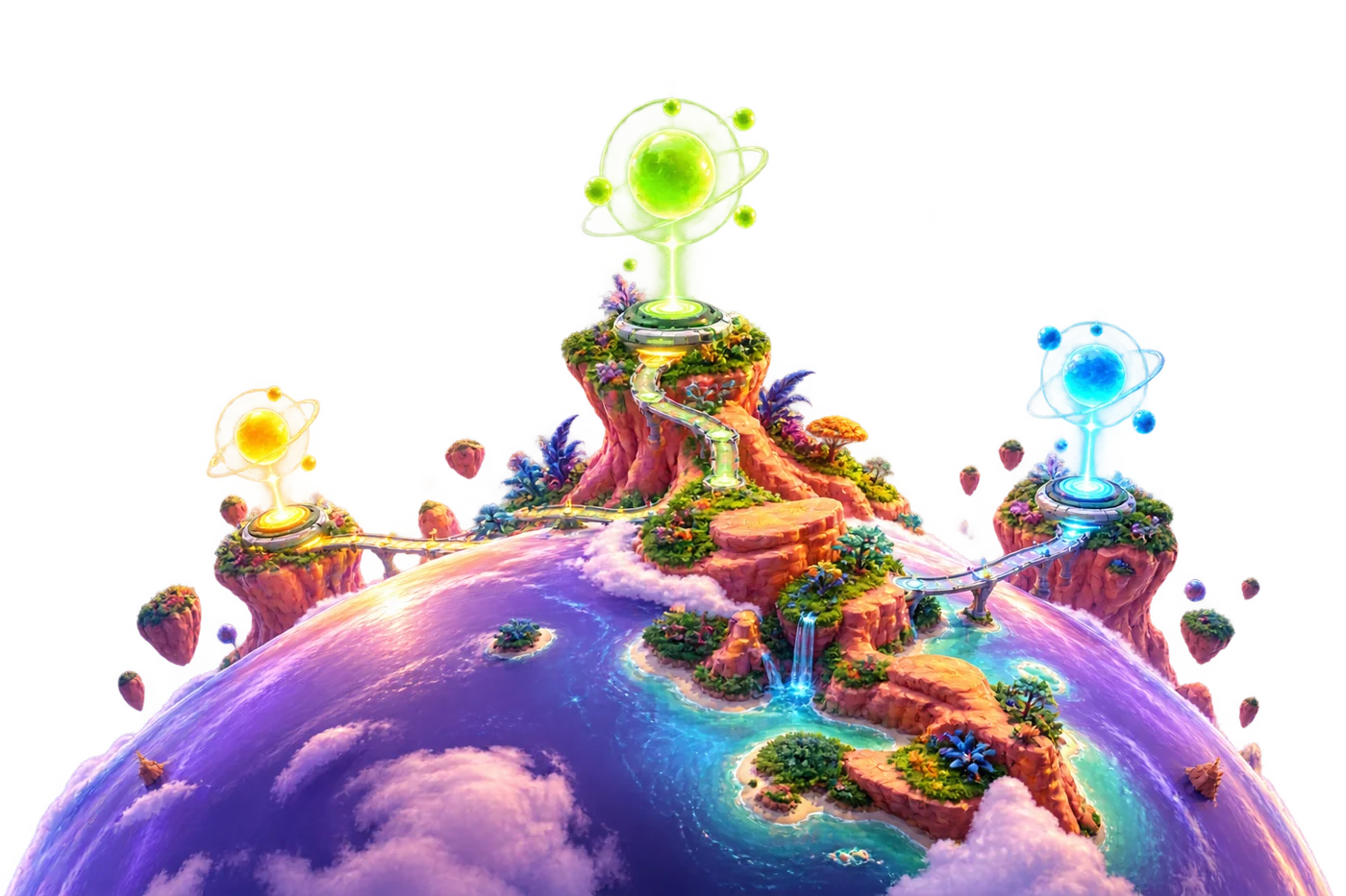 A colorful world with three glowing roadmap checkpoints