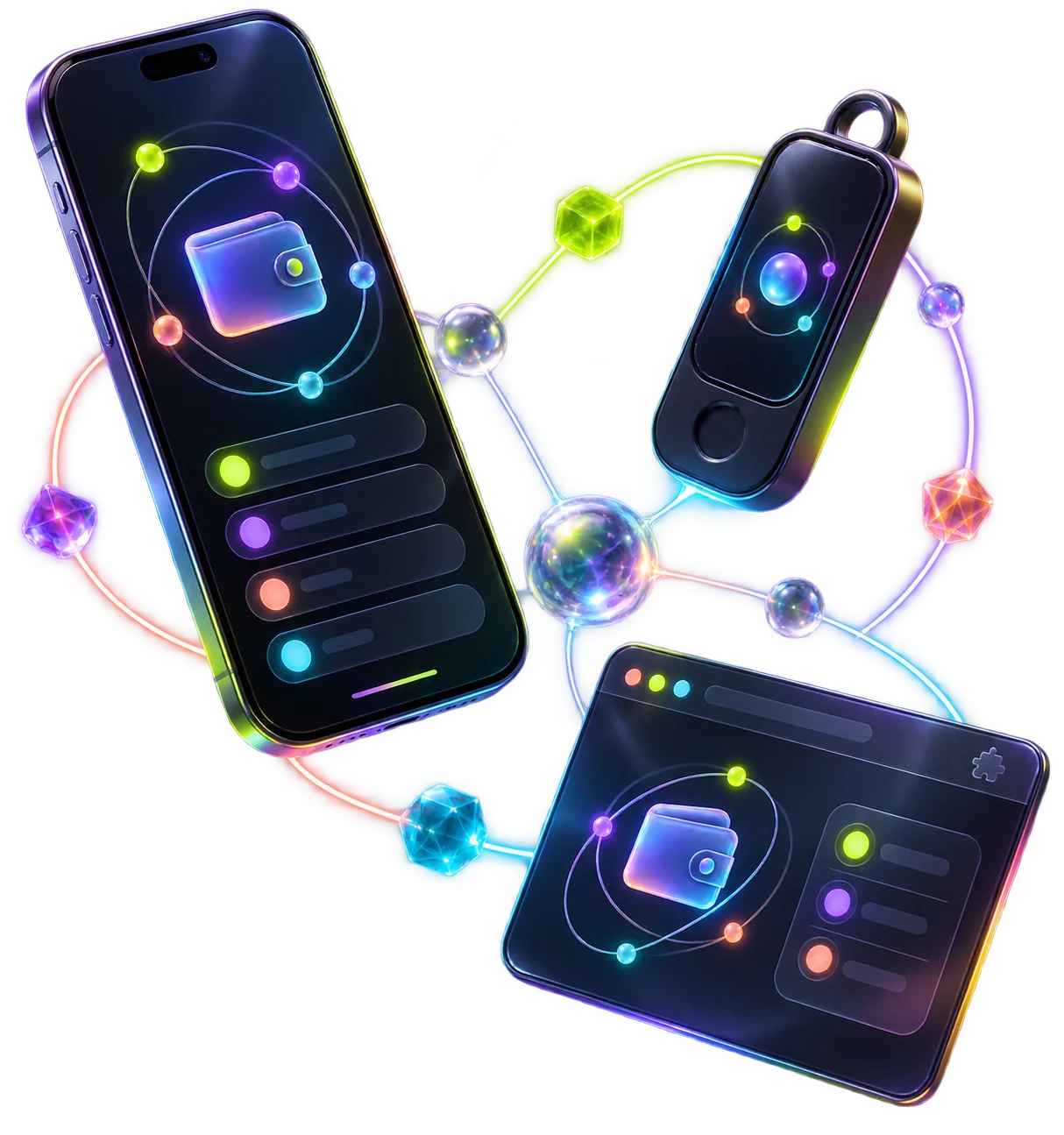 A phone, hardware wallet and browser wallet connected by glowing decentralized paths